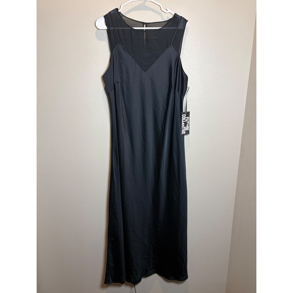 Future Collective Black Mesh Panel Satin Maxi Dress XXL V-Neck Sleeveless